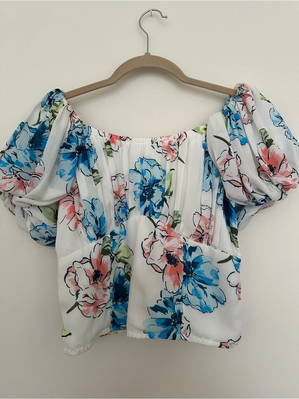 Floral Puff Sleeve Top - White with Blue & Pink Floral - Abercrombie